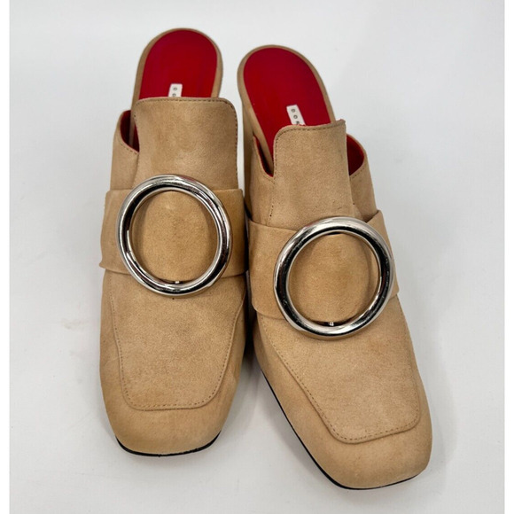 DORATEYMUR Munise Designer Beige Suede Mules Pumps Block Heel EU 41 / US 11 - Picture 3 of 11